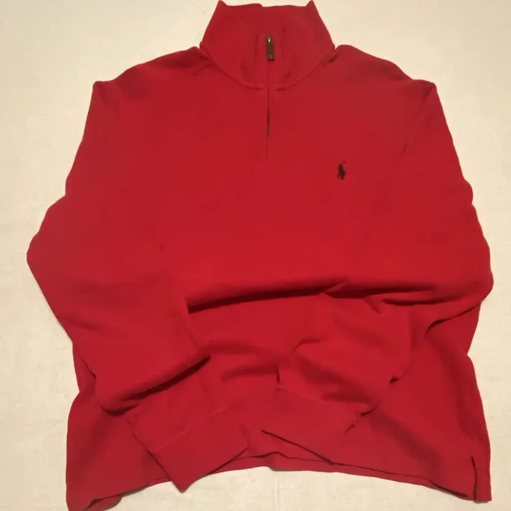Polo Ralph Lauren Men's Red 1/4 Zip Mock Neck Knit Sweatshirt L Embroidered